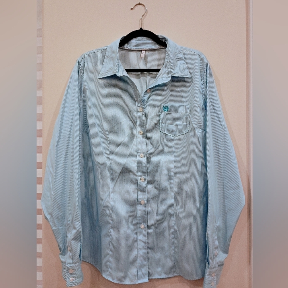 Cinch Women's Tencel Light Blue Micro-Striped Button Down Shirt (XXL)
